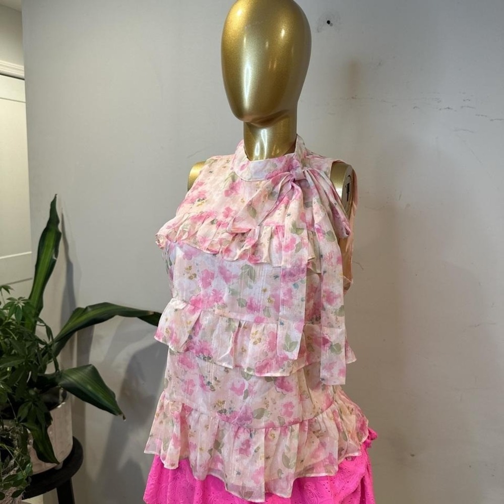 Romantic tiered layered floral top bay pink ruffle top tie neck LARGE - Picture 7 of 8